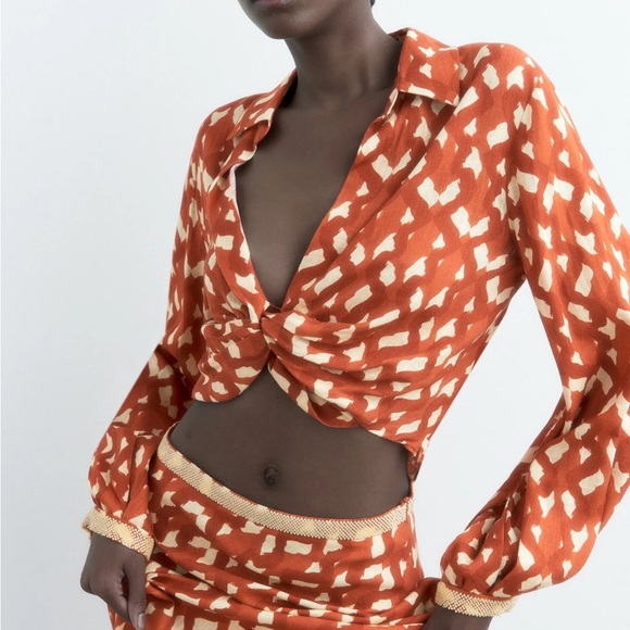 MNWT ZARA Linen Blend Geometric Print Boho Long Sleeve Crop Top Terracott… - Picture 1 of 11